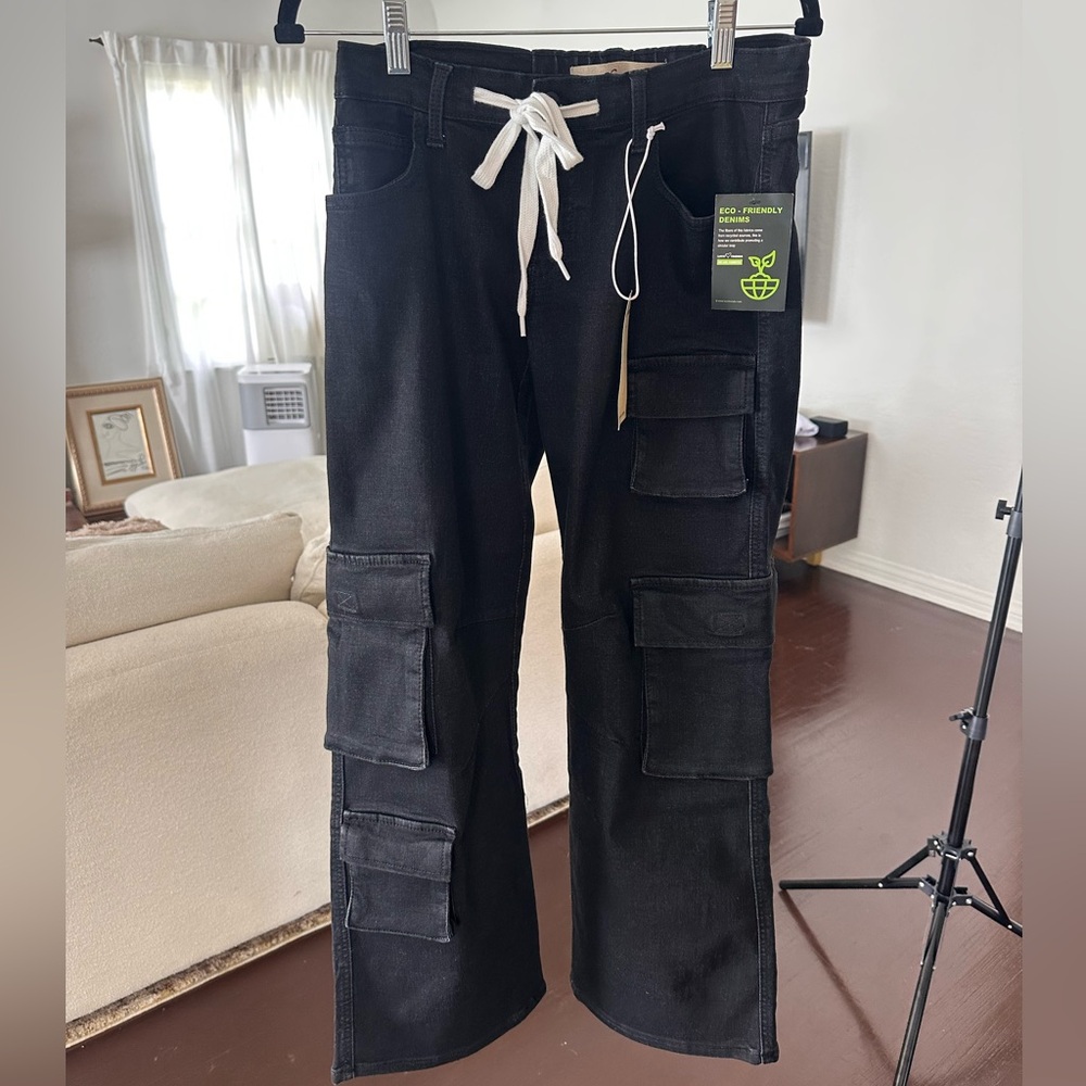 Black Cargo Pants with White Drawstring